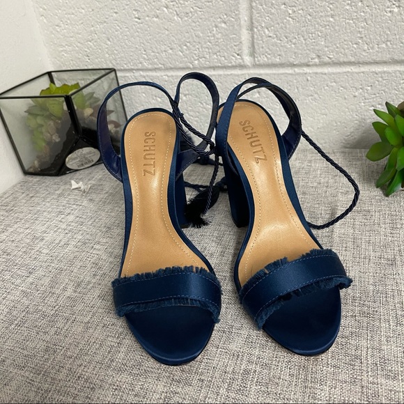 SCHUTZ Shoes - SCHUTZ Blue Satin Primm Tassel Heels